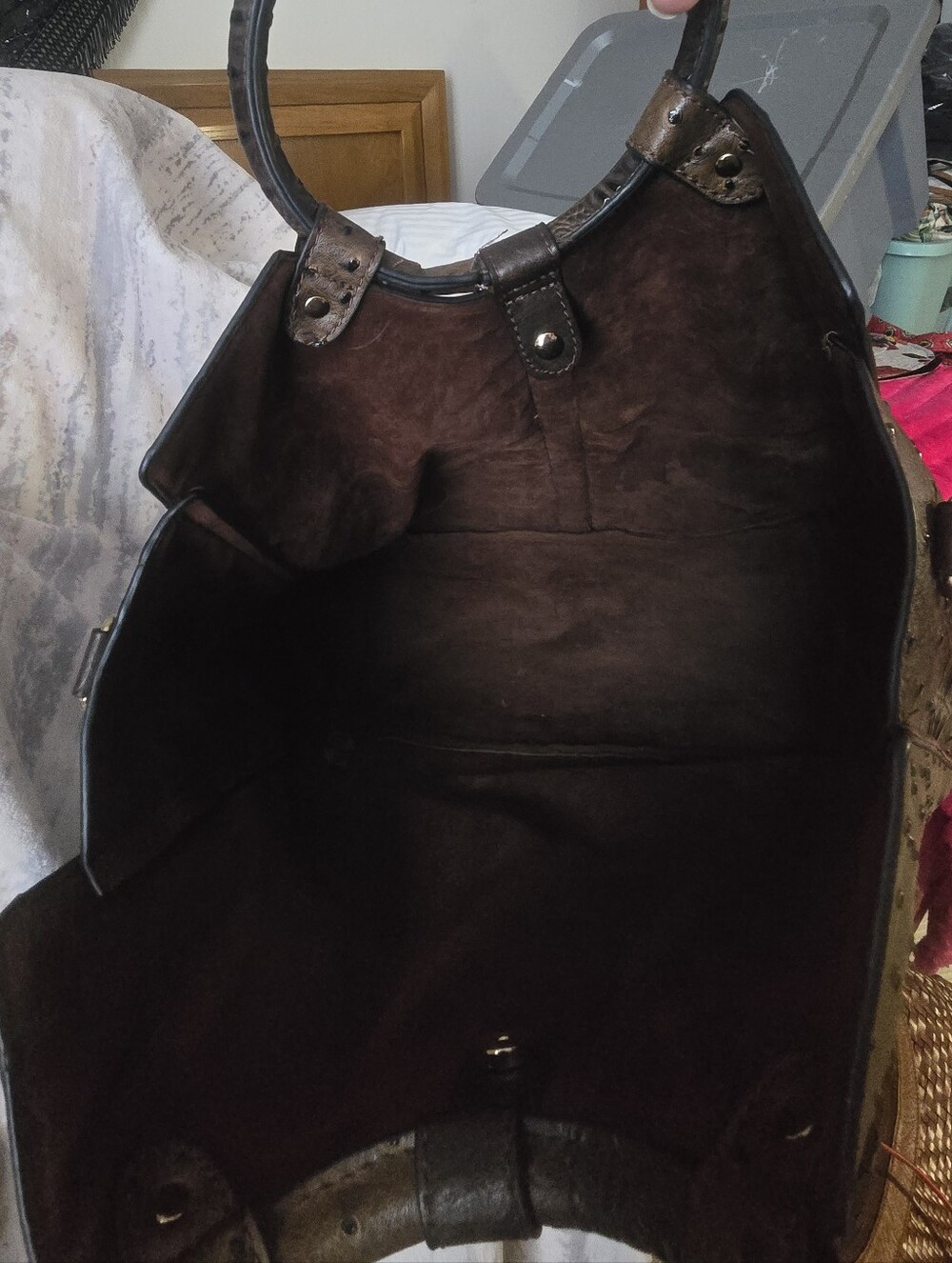 Brown Ostrich Embossed Tote Bag Matching Wallet Croc Texture Satchel - Picture 11 of 13